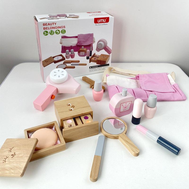Children Toys Girls Pretend Play Kid Make Up Cosmetic Beautiful Makeup Set Hairdressing Simulation Wooden Toy For Girls Dressing