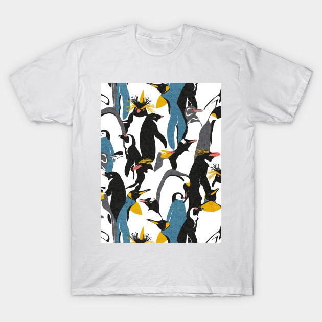Men Black Print T-shirt We Love Penguins // Black White Grey Dark Teal Yellow And Coral Type Species Of Penguins (King, African, Emperor, Gentoo, Galá 2XL
