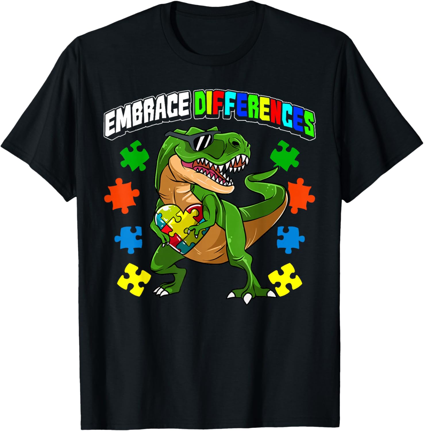 Embrace Differences Dinosaur Autism Awareness Graphic Tee Soft Cotton Casual Crewneck T-Shirt 4XL