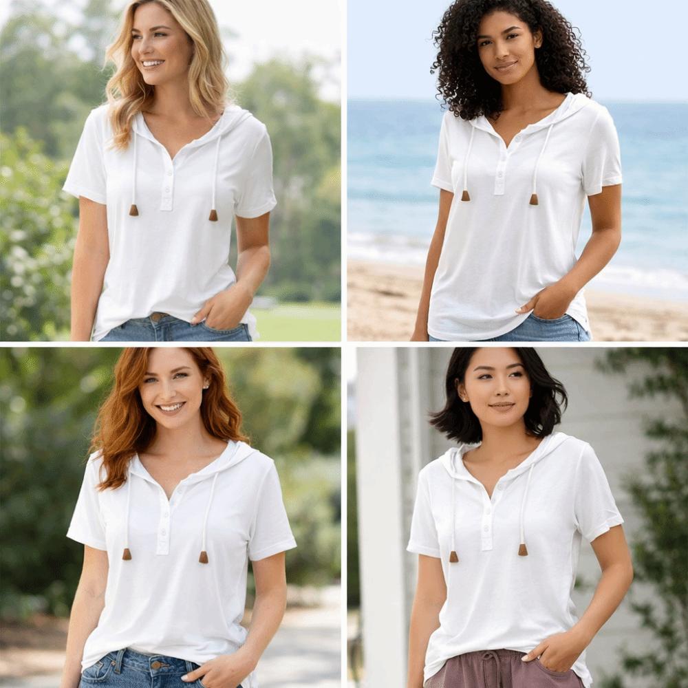Thin Henley Shirt Hoodie Loose Fit Pullover Tops Fashion Hooded Short Sleeve T-Shirt Women