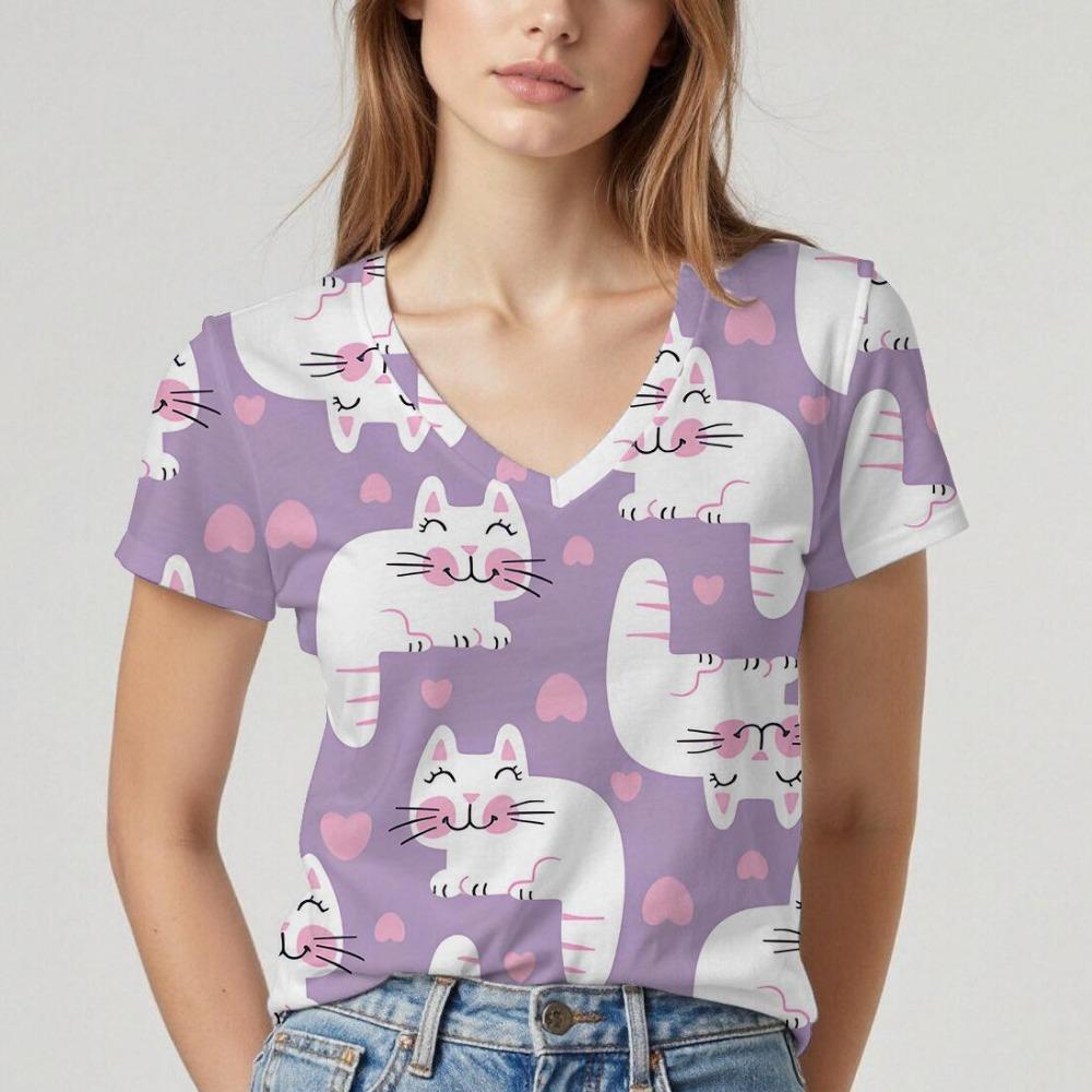 New V-neck women's short-sleeved T-shirt with cat pattern design. Summer top with soft texture, comfortable and breathable