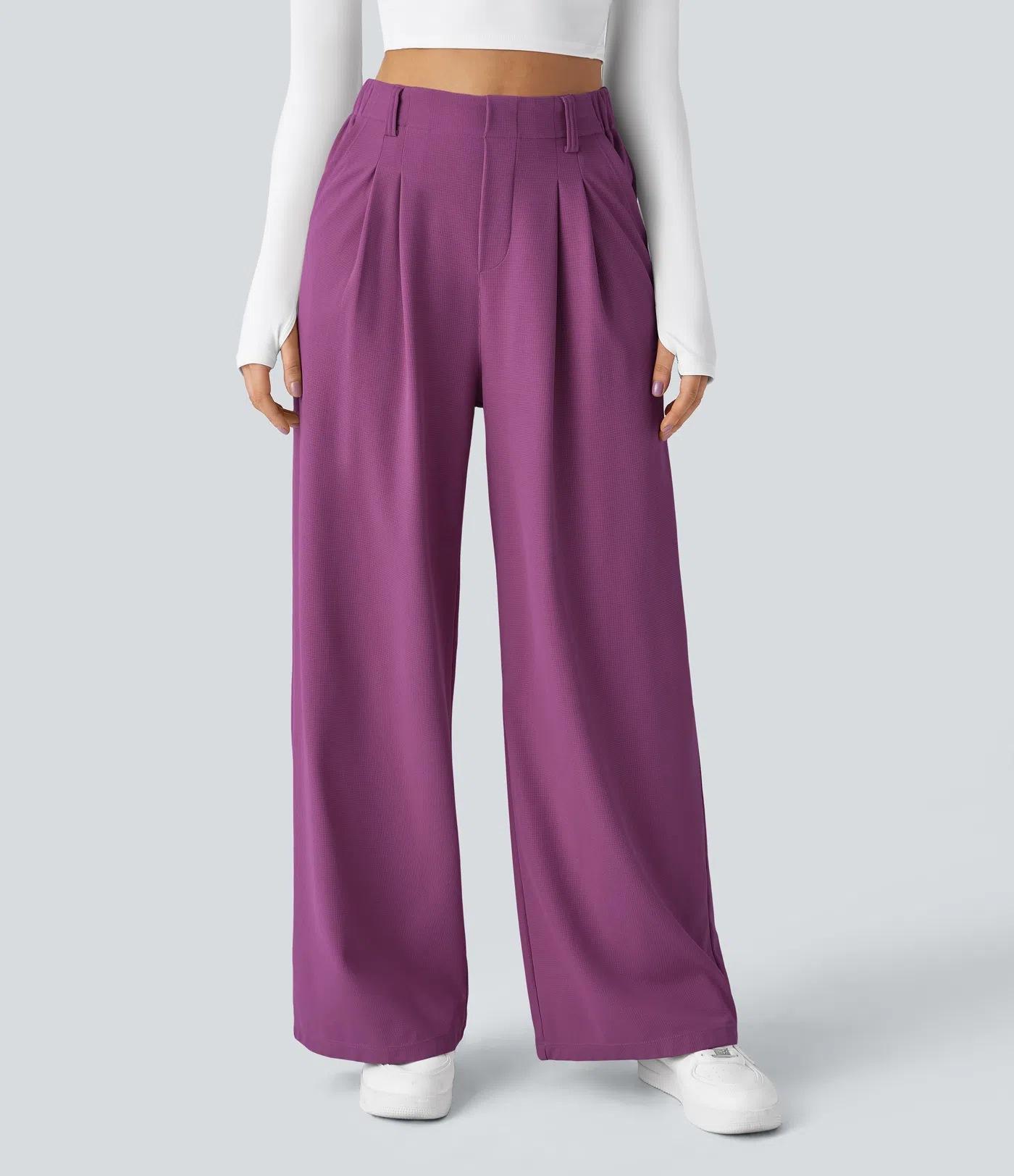 

Women s High Waisted Wide Leg Pants with Elastic Waistband - Casual Loose Fit Trousers in Multiple Colors XXL темно-фіолетовий колір