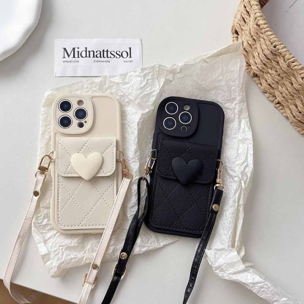 Cute Love Cardbag Ins Style Crossbody Lanyard TPU+Leather Shockproof Phone Case for 11-8 Plus/X/XR/XSMax Soft