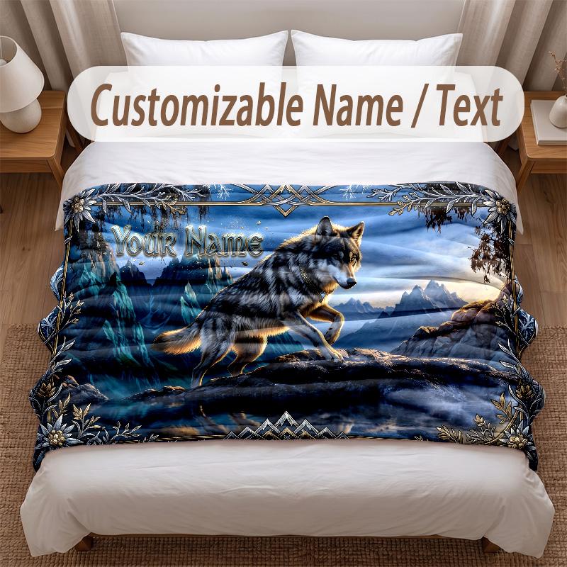 Wolf Theme Soft Blanket Personalized Custom Name Text Print Warm Blanket Home Sofa Bedroom Decor