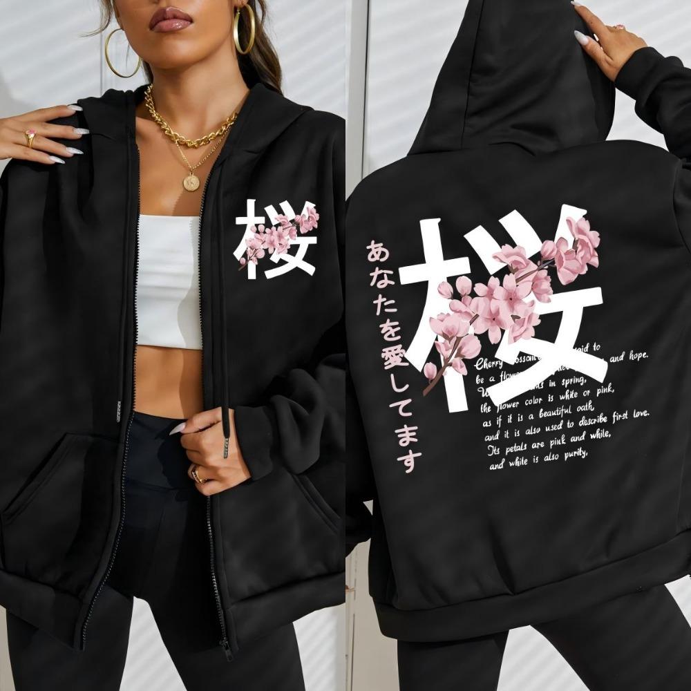 Japan Harajuku Cherry Blossom Art Letter Design Zipper Hoody Women Street Casual Tops Autumn Loose Hoodie Clothings