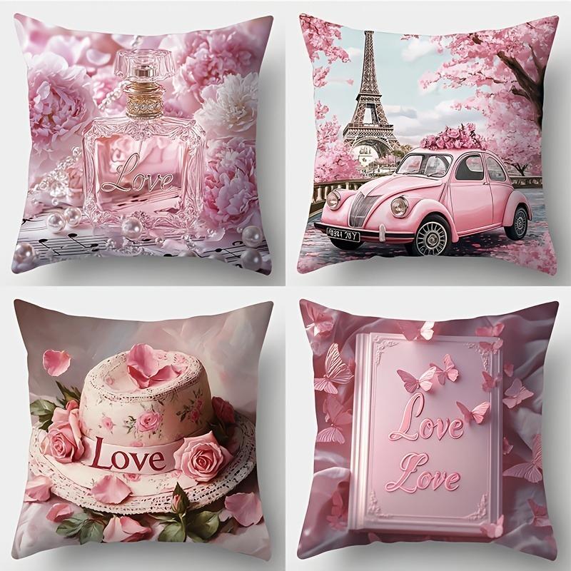 

Blush Pink Love Theme Pillowcase - Perfume/City Car Print Pillow Cover for Sofa Bedroom Living Room 4PC-45x45cm