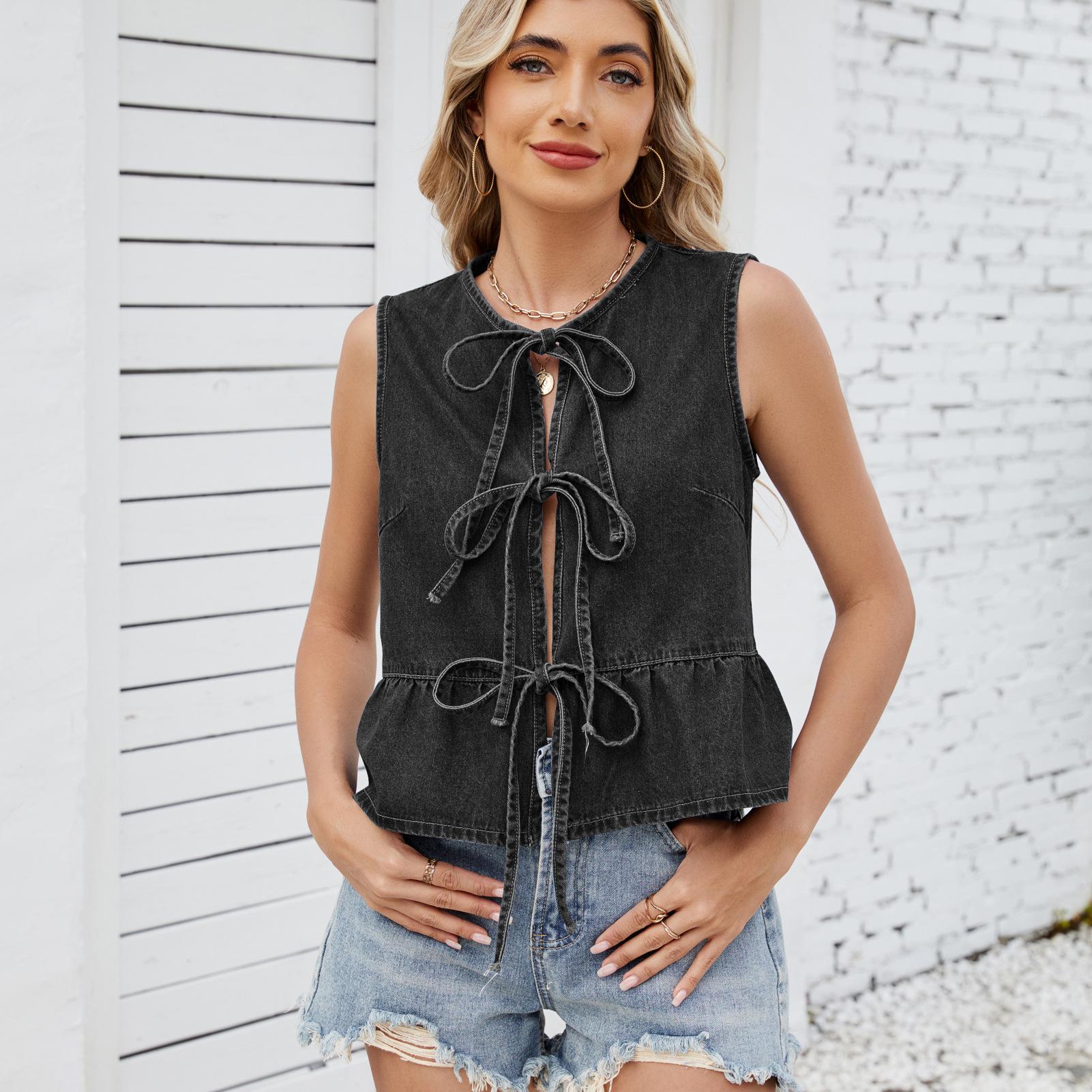 

Summer Item Front Tie Casual Round Neck Fashionable Vest Denim Women XS чёрный