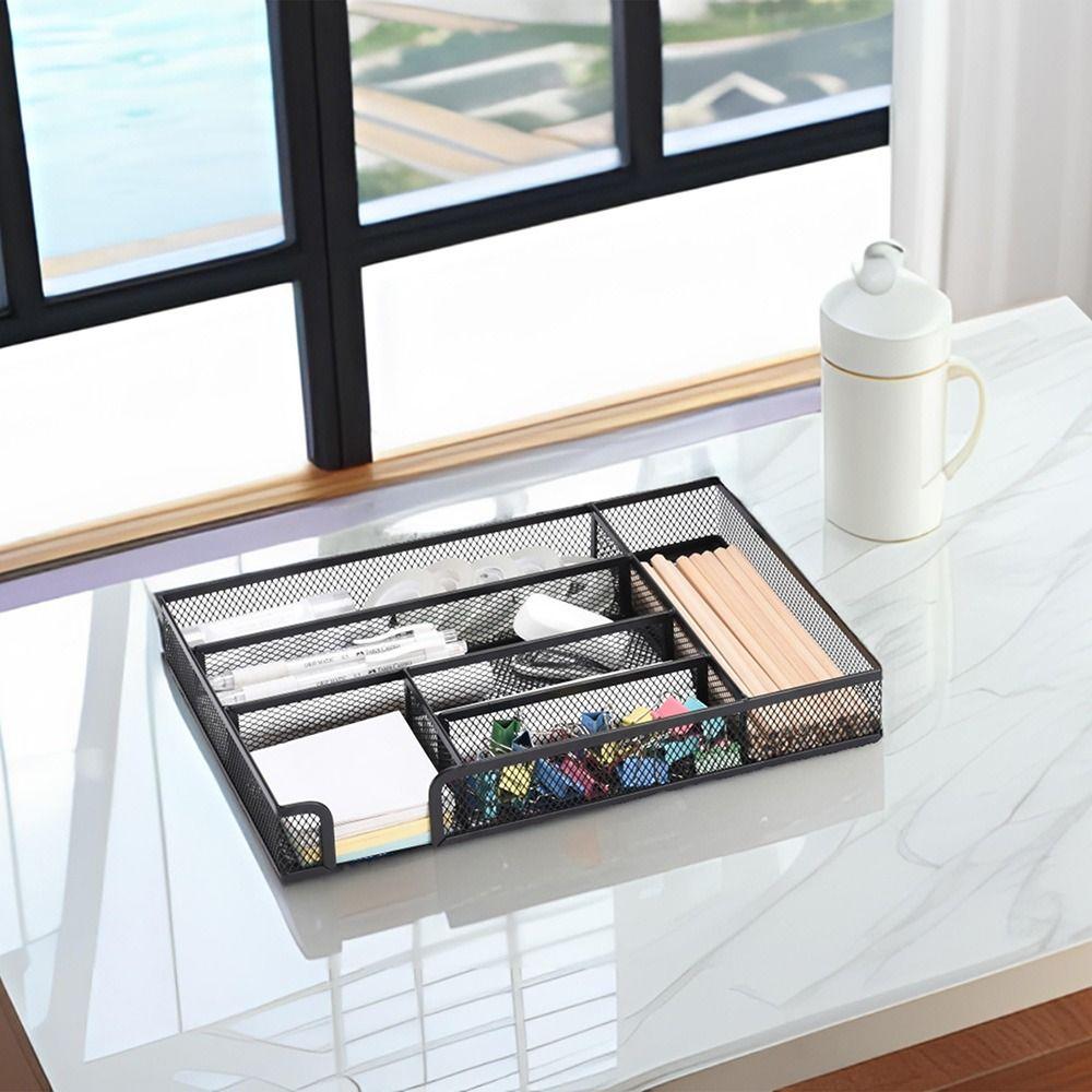 6 Compartments Desk Drawer Organizer Tray Mesh Pen Organizer Storage Box Stationery