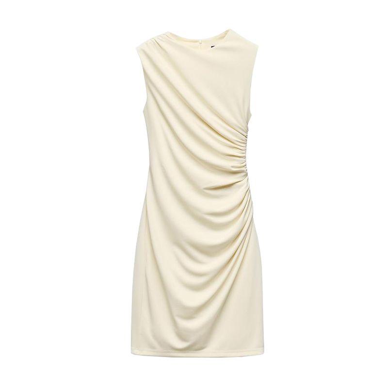 Spring New Women's Clothing French Ruched Silm round Neck Short Sleeveless Dress 3067220 4772350