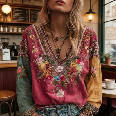 Women Tops V-Neck Long Sleeve Embroidery Flower Printing Tee Shirt Bohemia Ethnic Style Pullover Tops Daily Wear