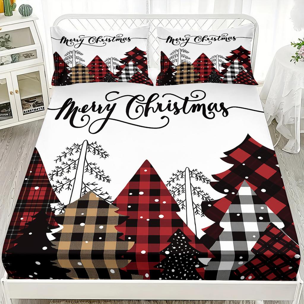 Red Fitted Sheet Set Marry Christmas Pine Grid 3D Print 100% Polyester Mattress Covers Soft Bed Set New Decor 2 Pillowcases