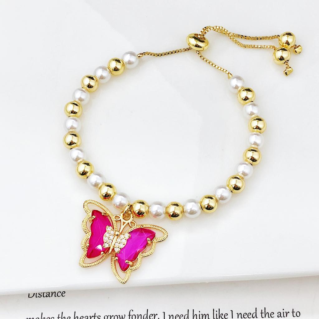 Luxury Butterfly Crystal Zircon Copper Bead Pearl Chain Bracelet Charming for Women Girls Daily Party Wrist Jewelry Wholesale