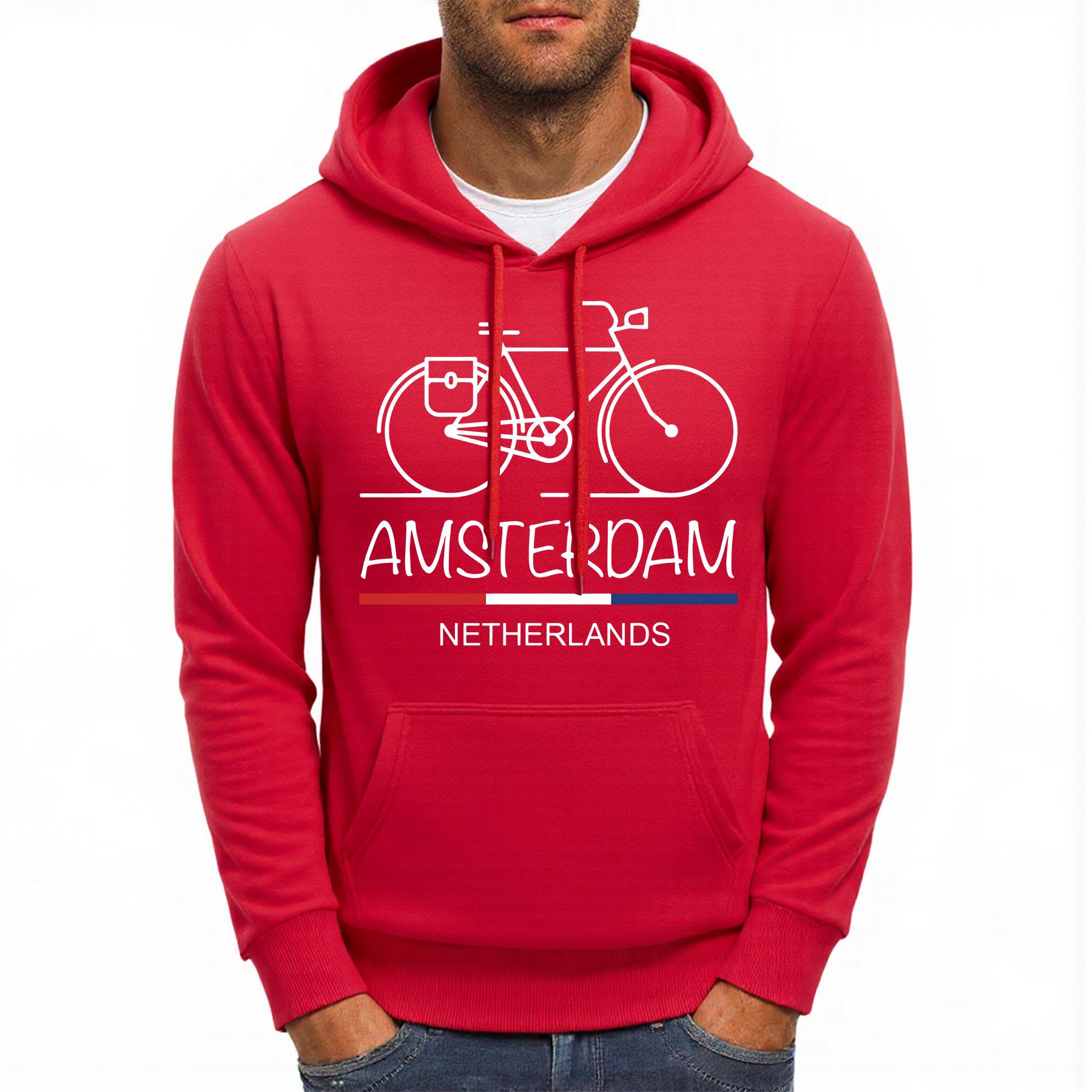GUOYAN TOP Amsterdam Nederland Fiets Print Mannen Hoodie Fleece Zacht Hoody Casual Meerkleurig Pullover Comfortabel Los Streetwear 2XL