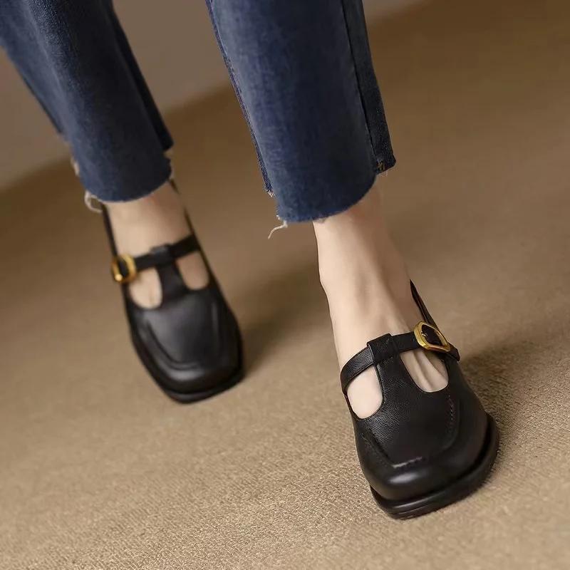 Women's T Strap Leather Shoes Square Toe Oxford Brown Mid Heels Designer Black Pumps Chunky Sewing Dress Shoes