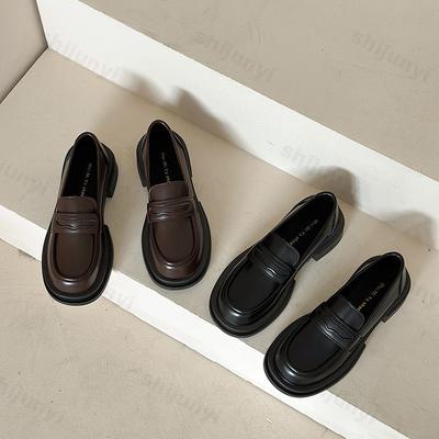 Damen Freizeit Lederschuhe Frühling 2026 Mode Dicksohlige Pumps Einfarbige Loafer Mode Komfort Damen High Heels Schuhe