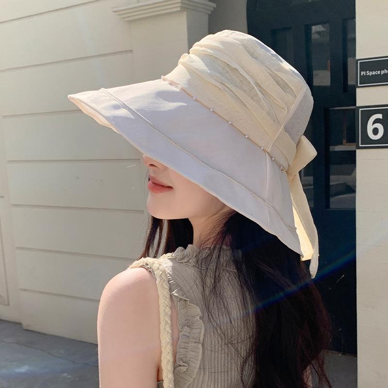 Korean Style Versatile Summer Pleated Sun Hat Pearl Chain Fisherman Hat Women Tulle Sun Hat Big Brim Trendy