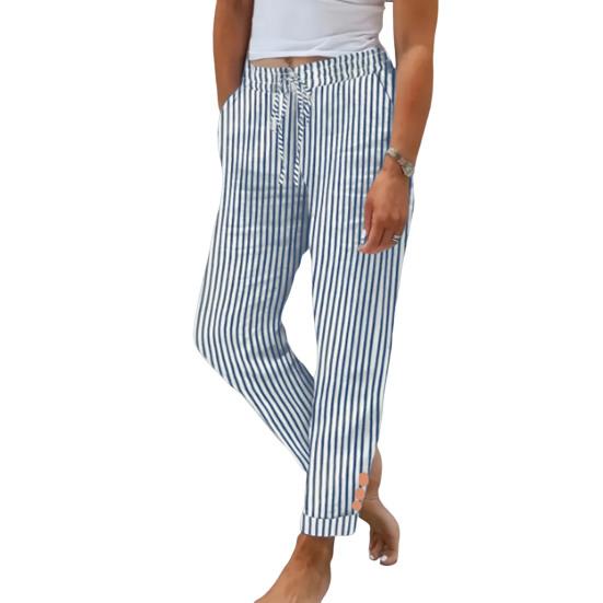 Women Harem Pants Adjustable Elastic Waistline Striped Print Boho Pants with Pockets Lightweight Breathable Casual Trousers