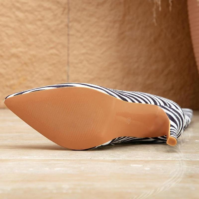 Zebra Stripes Pointed Toe Slim Women Knee-High Boots Street Style Zipper Thin High Heels Stripper Party Shoes Bota Feminina 42