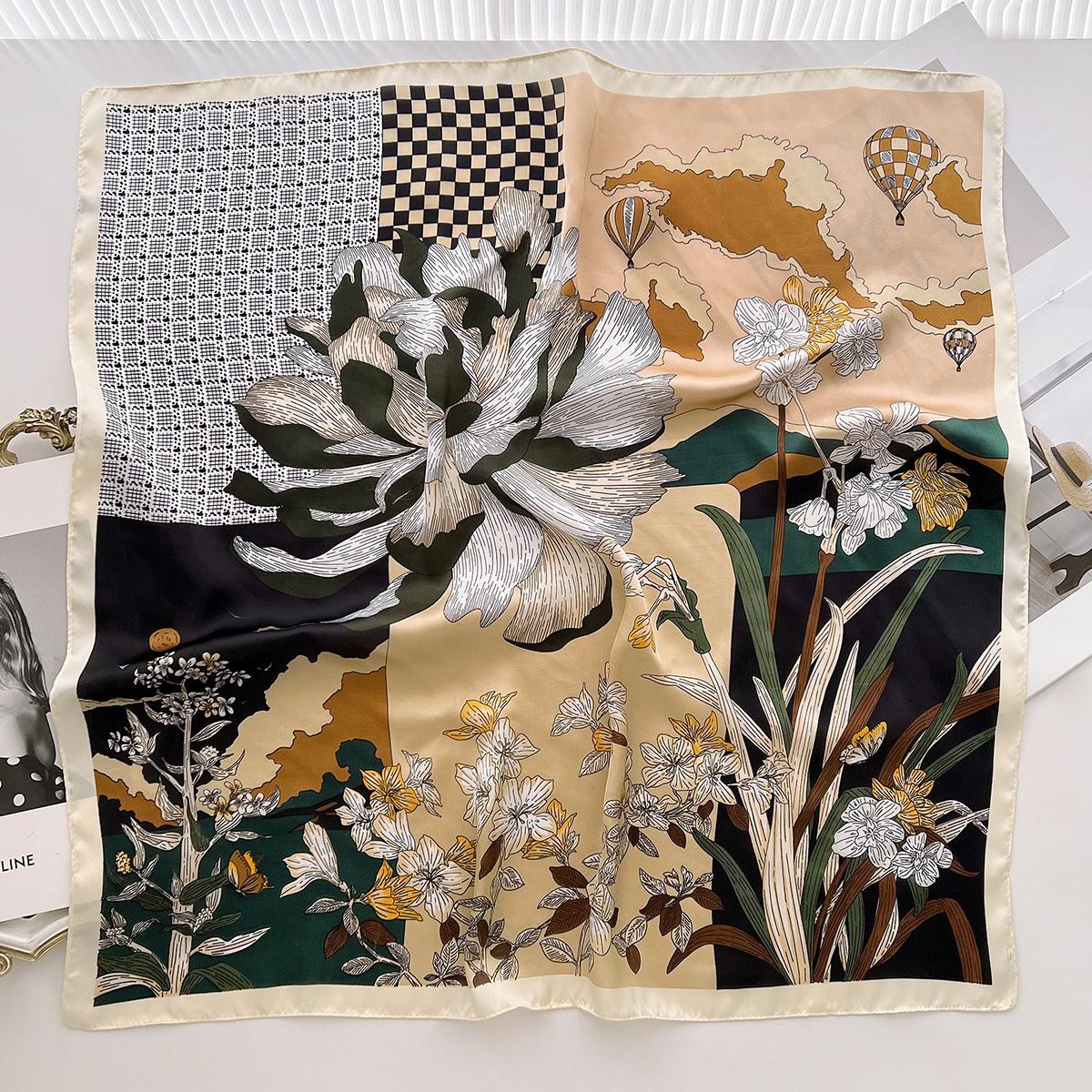 

Французский пасторальный цветник Четыре дворца Сетка Сочетание цветов Цветок Летний Маленький Квадратный Шарф Тонкий Темперамент Повседневный Шелковый Шарф 66cm