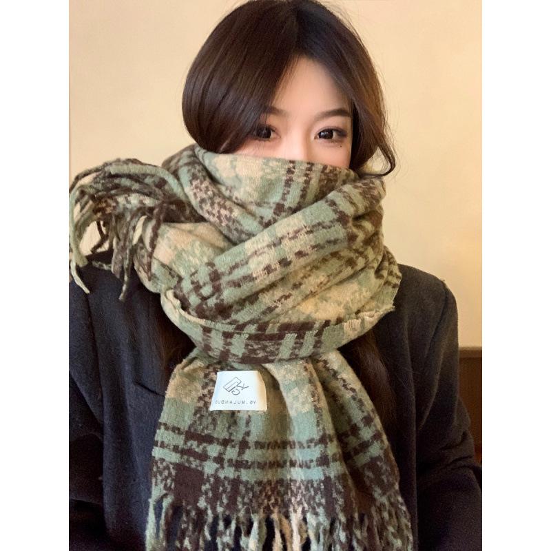 Korean Style Thick Pink Plaid Scarf for Women - Autumn/Winter Neck Warmer