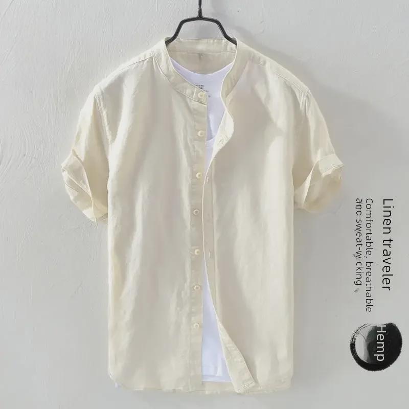 Men's Short-Sleeve Chinese-Style Linen Cotton Shirt - Casual Loose Fit