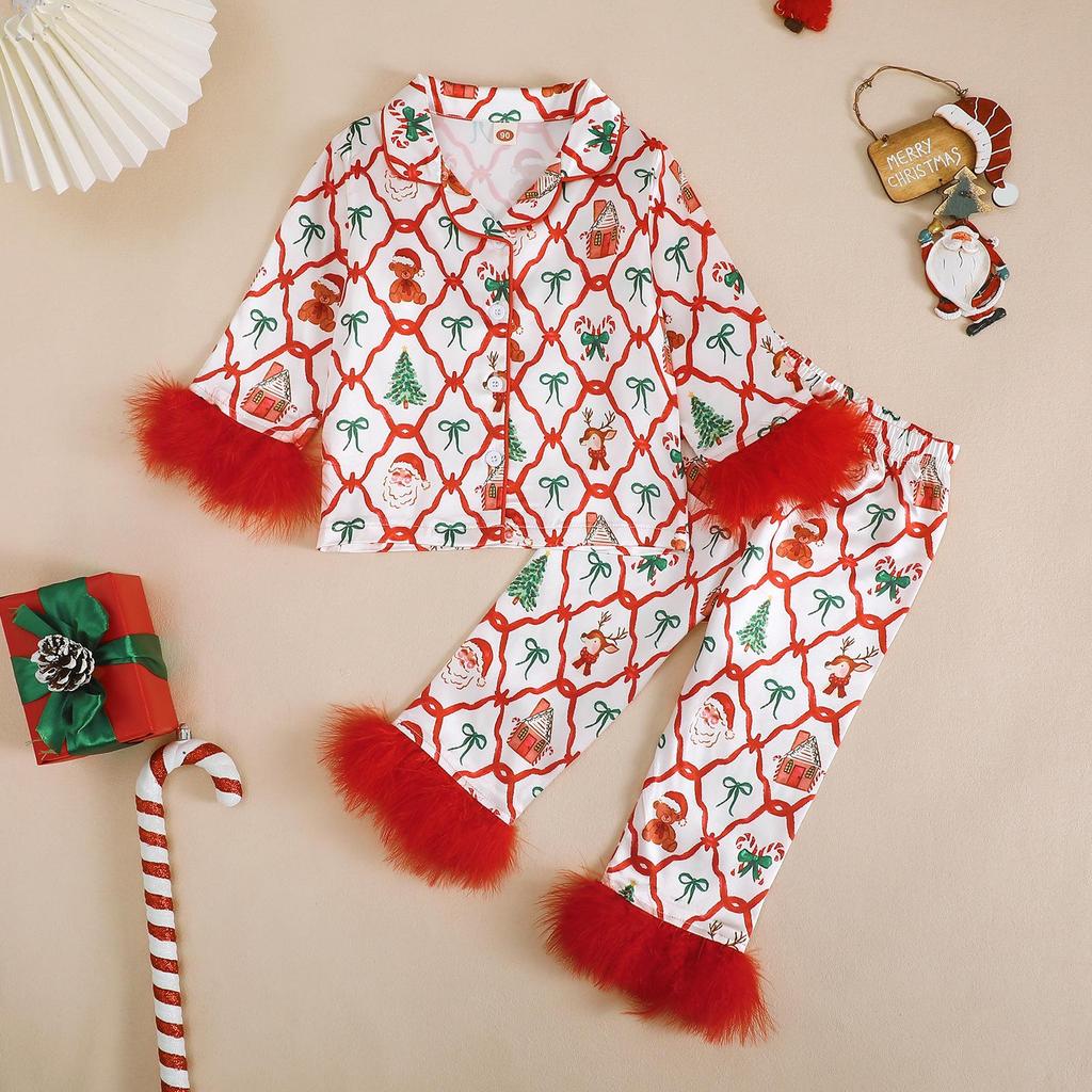 Autumn Christmas Long Sleeve Pajama Set - Children's Bow Print Homewear