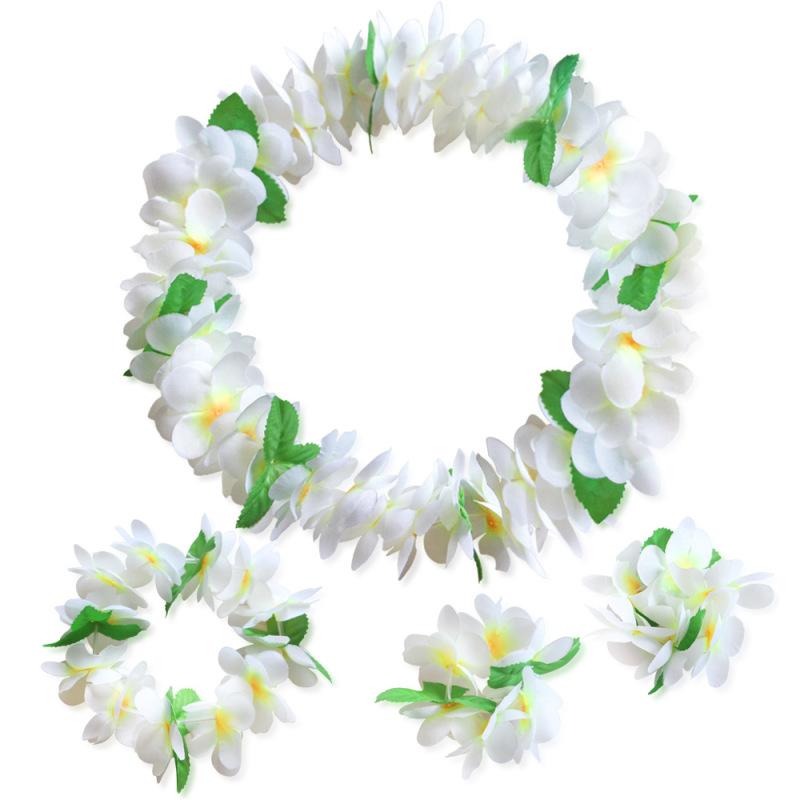 

4pcs/set Summer Hawaiian Flower Garland Party Artificial Decoration Photo Prop White+green leaves
