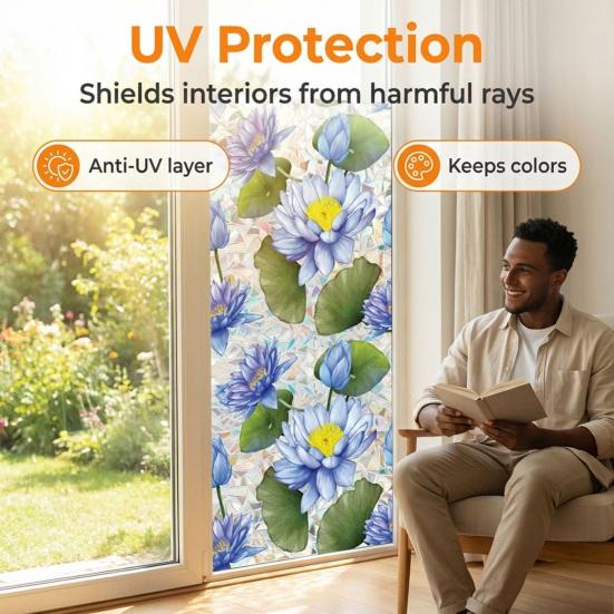 Flower Stained Glass Window Film Lotus Morning Glory Floral Window Cling Removable Decorative Static Sticker UV Blocking Privacy Decals for Living