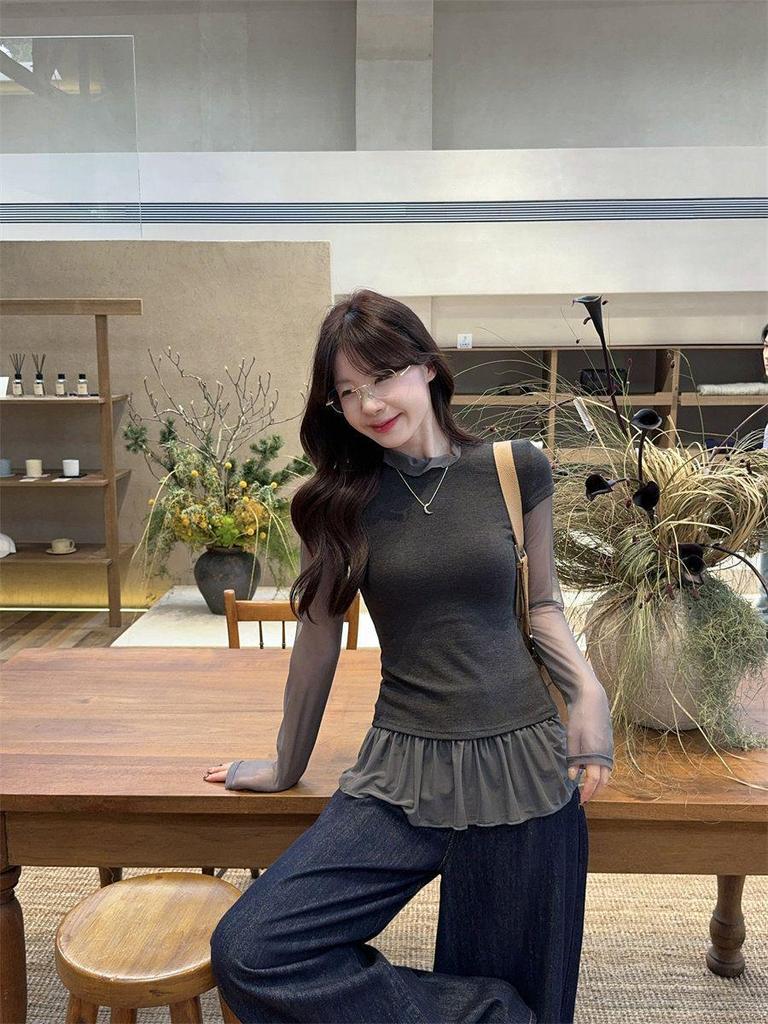 Available Now: Sweet Mesh Patchwork Two-Piece Layered T-shirt - 2025 Korean Style, High Neck, Long Sleeve, Base Layer.