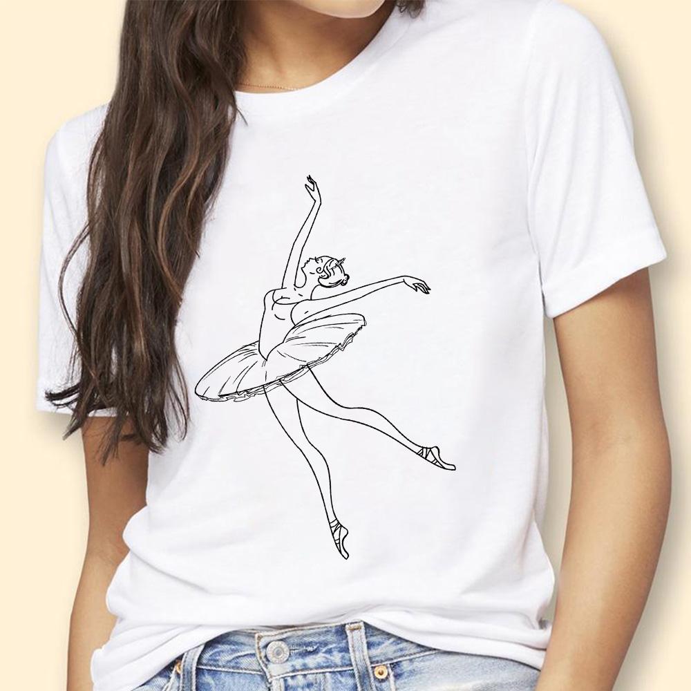 

New Fashion Hand Painting Ballet Ballerina Print Women Harajuku Short-Sleeved Summer O-Neck Casual Female T-Shirt Cloth T Shirt XXXL білий