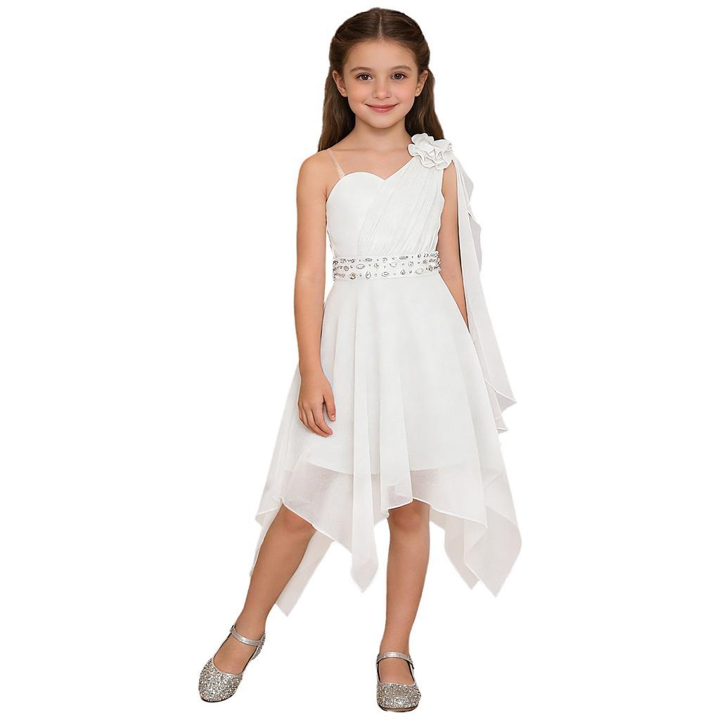 Flickors Snygga Rynkade Applikation Festklänning En axel Asymmetrisk fåll Chiffongklänning Glänsande Pärlförsedd Bälte