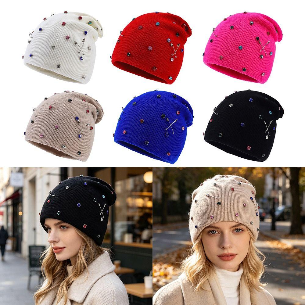 Warm Winter Hat Colored Rhinestone Knitted Pullover Cap Casual Ear Protection Hat Outdoor Sports