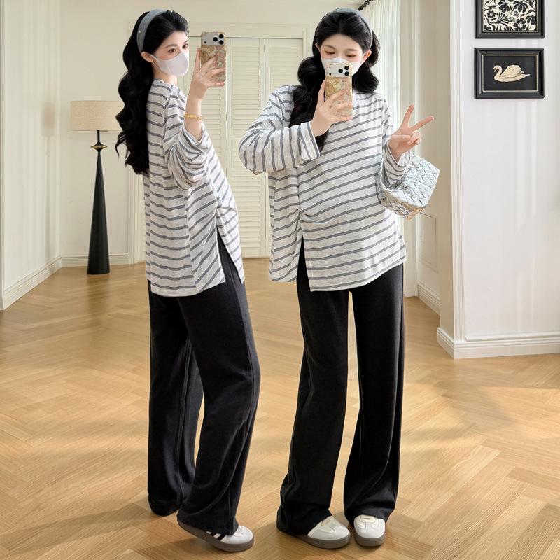 Spring 2026 Versatile Striped Maternity T-Shirt - Trendy Plus Size Top for Moms 3XL