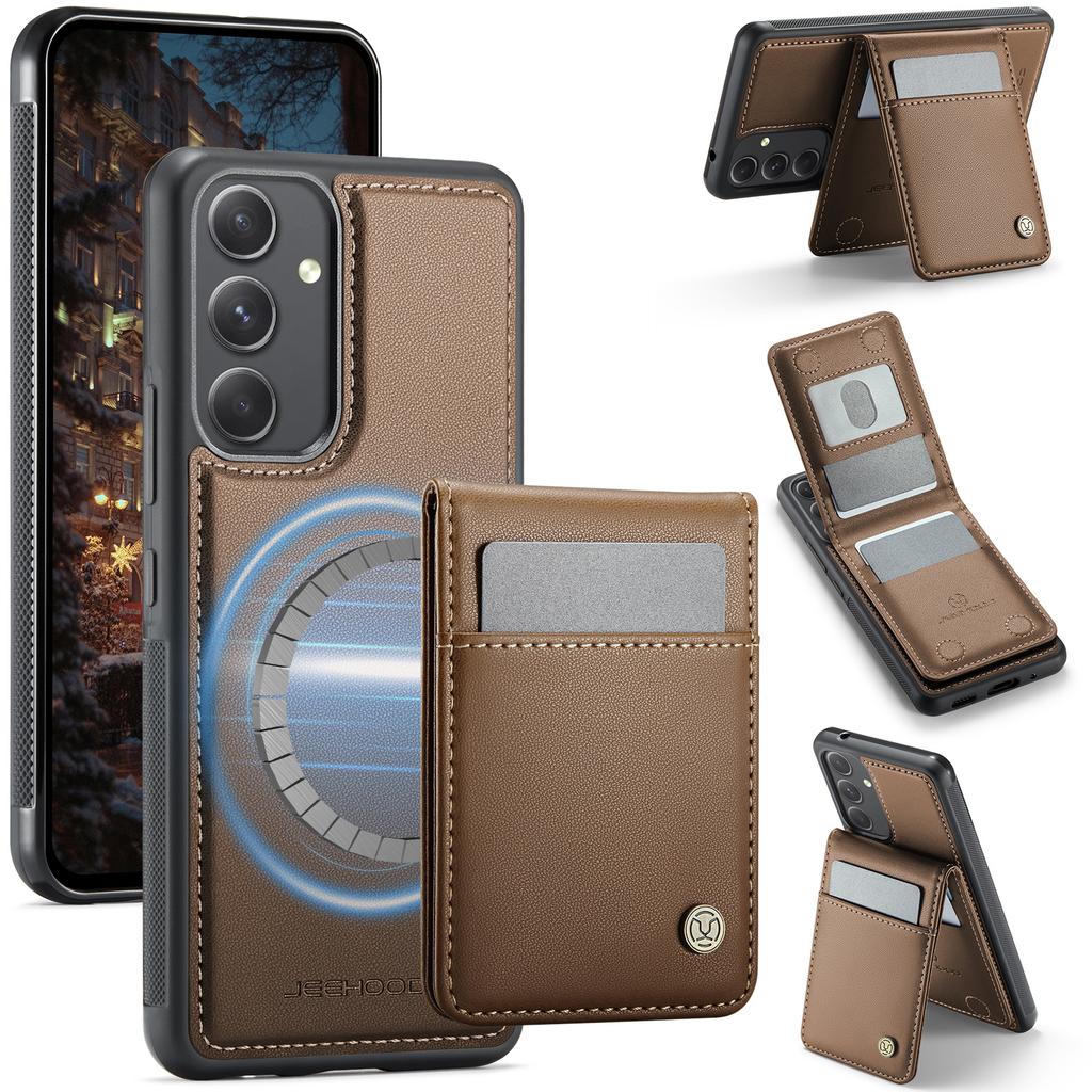 For Samsung Galaxy A54 5G Leather Back Cover Compatible with MagSafe JEEHOOD J06 Phone Case with Card Bag RFID Blocking