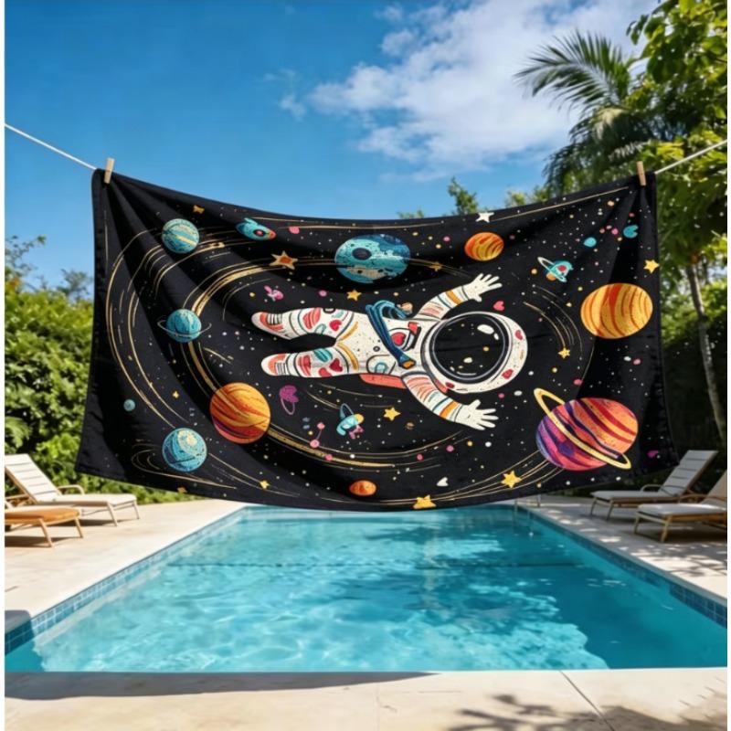 Oversized Microfiber Beach Towel, Cartoon Astronaut Space Print, Quick Dry Sand Free for Kids