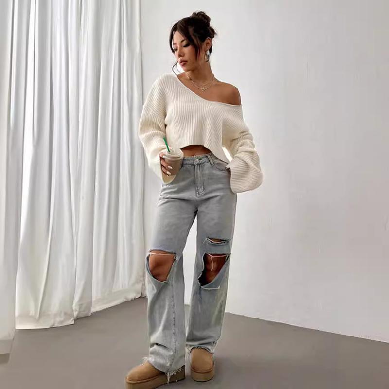 Women Autumn Winter V Neck Sexy Long Sleeve Wardrobe Staple Solid Color Comfy Loose Pullovers Knitted Sweater Top