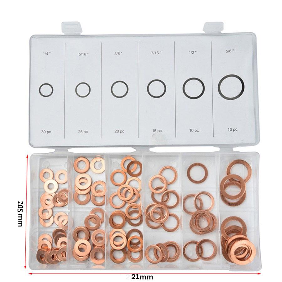 110pcs 1/4"-5/8" Engine Oil Drain Copper Ring Gaskets Flat Washer Set Seal Assortment Kit with Box