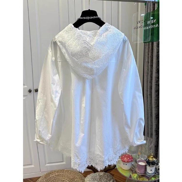 European Fashion Lace Hem Hooded Long Sleeve Women's Loose Shirt for Spring and Autumn