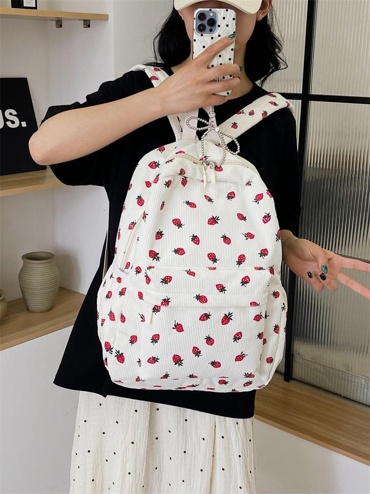 Stylish Corduroy Backpack for Girls – Cute Strawberry Design, Lightweight and Versatile for School or College