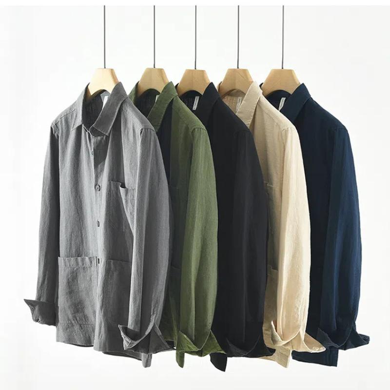 Spring and Summer Cotton Linen Long Sleeve Men Shirt Chinese Style Casual Shirts Lapel Collar Solid Color Button Up Shirt Multi Pocket Overshirt