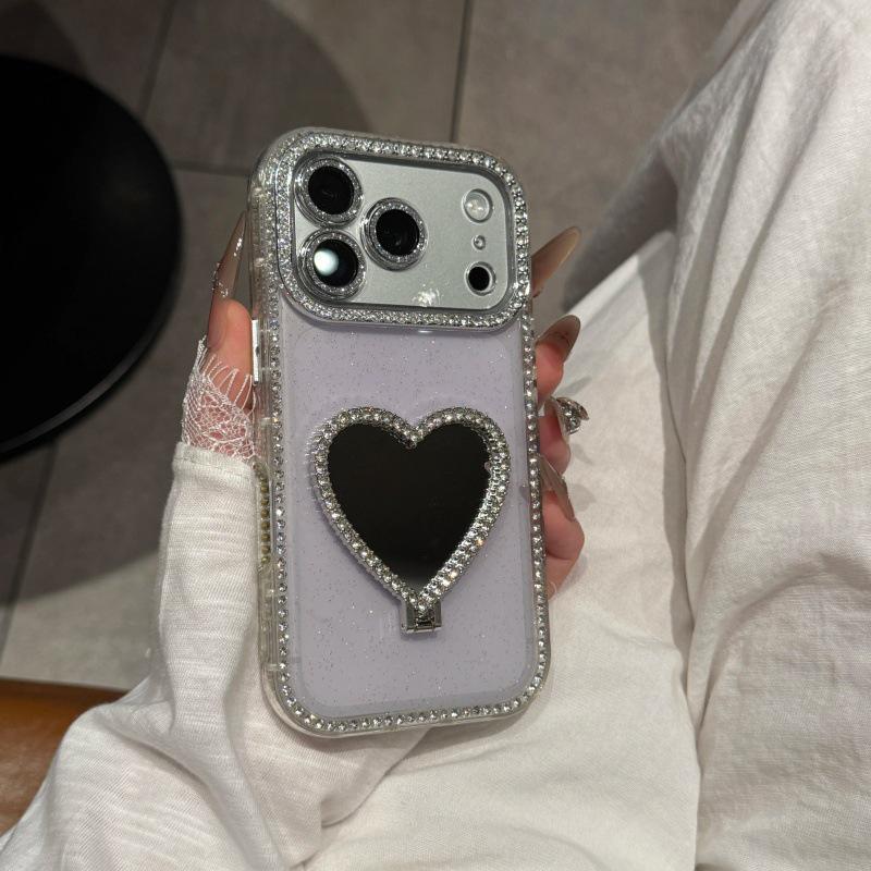 Heart-Shaped Mirror Bracket for iPhone 14-17 Pro Cases with Side Drill and Glitter