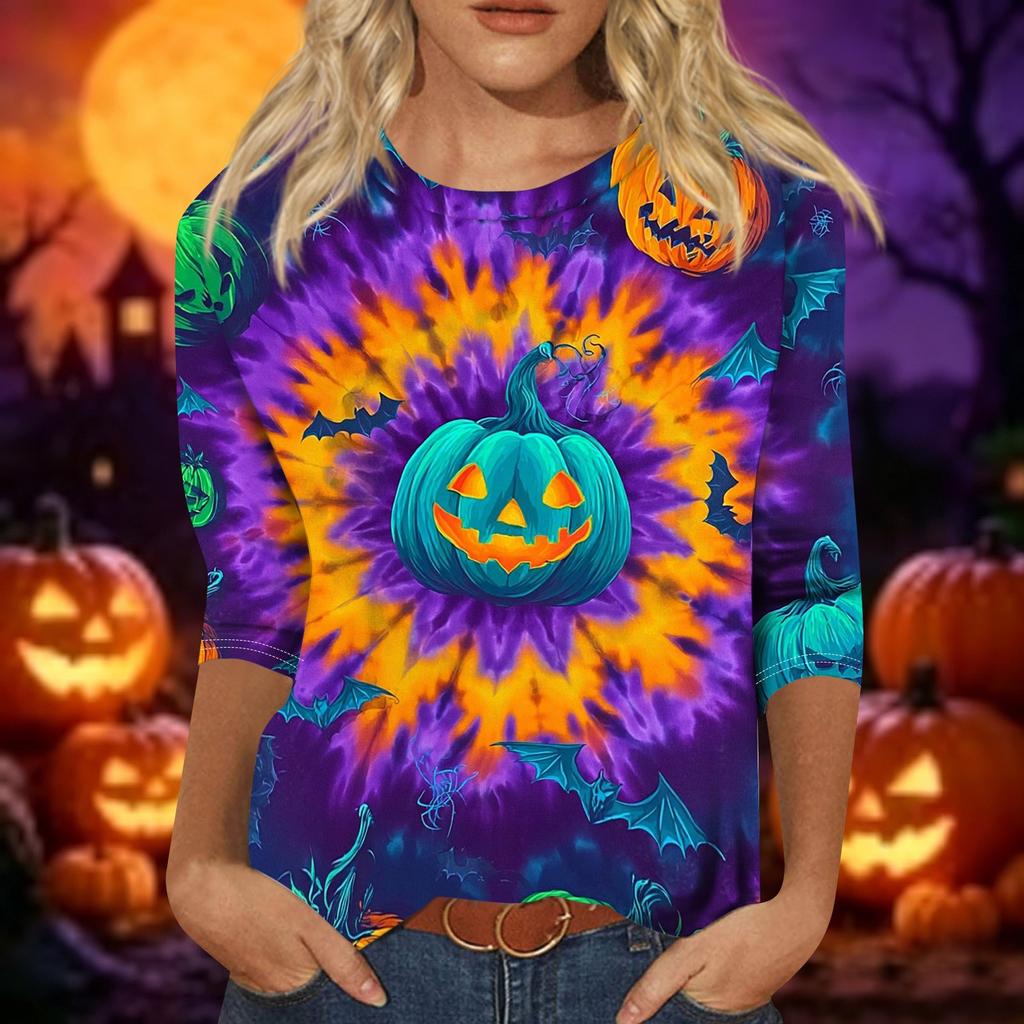 Women’s Casual Three Quarter Sleeve Crew Neck Top Tie Dye Halloween Themed Print Relaxed Fit Soft Fabric for Daily Wear