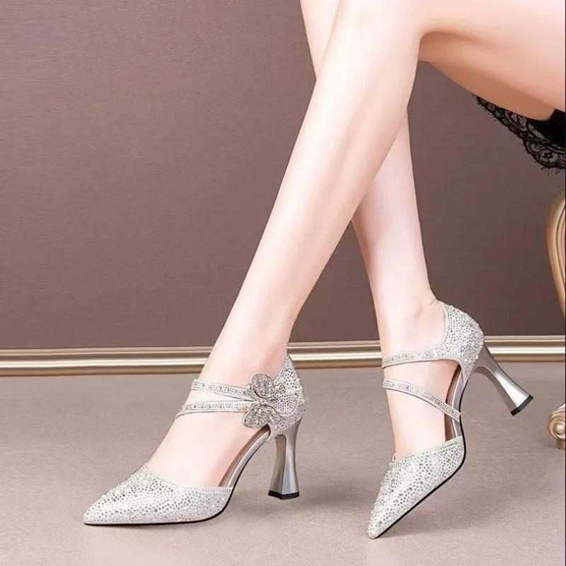 Women Sandals 2025 New Luxury Shoes Korean Style Casual Hollow Shoes for Women Trendy Pointed Toe High Heels Sandals