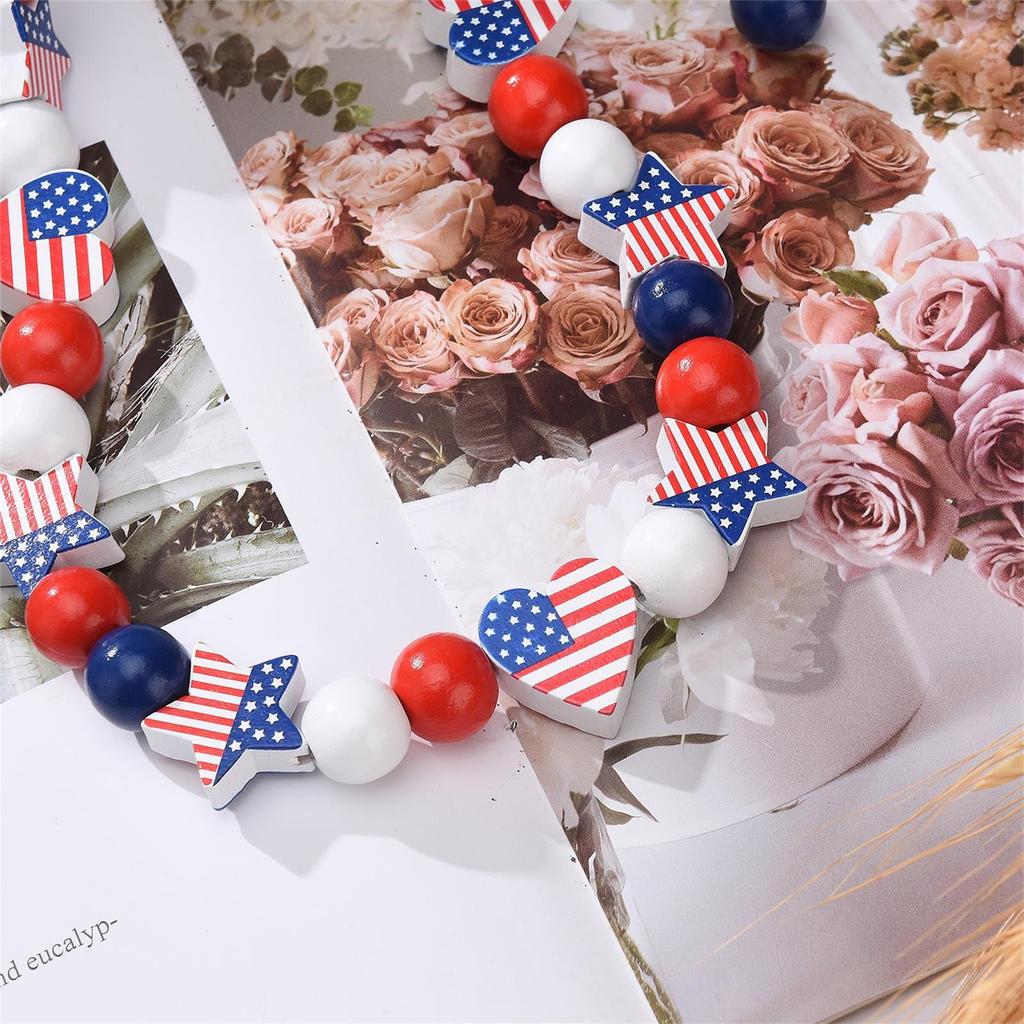 20pcs Star Heart Beads DIY Necklace Bracelet Accessories Red White Blue Wood Beads Tassel Craft Supplies