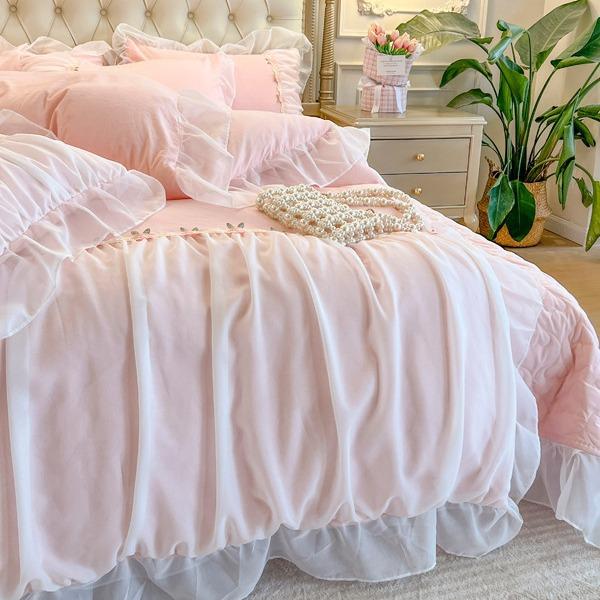 Light Luxury French Chiffon Side Bed Set Four-piece Set Washed Skin-friendly Breathable Bed Sheet Quilt Cover Pillowcase