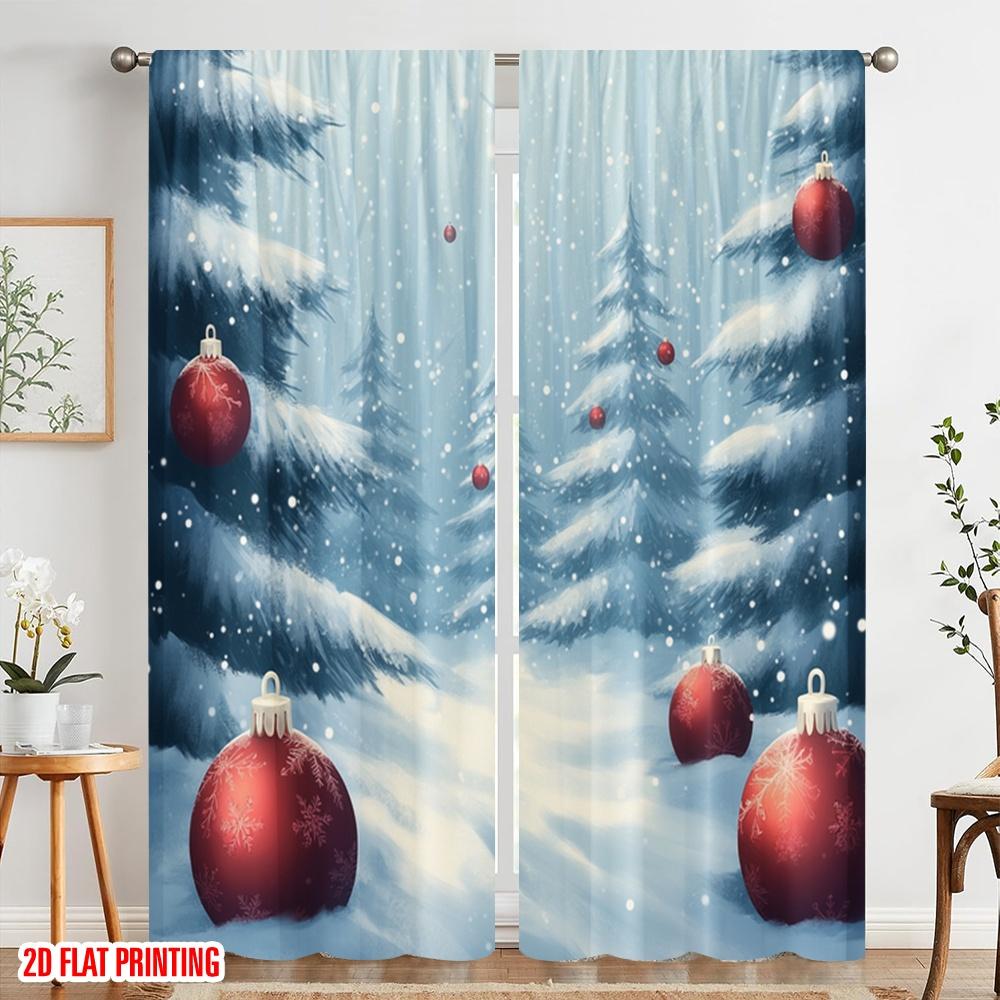 2pcs,2D Plane Printing Curtain Popular Christmas Tree Snow Winter Ornaments Durable Polyester (without Rod) Outdoor Decorations