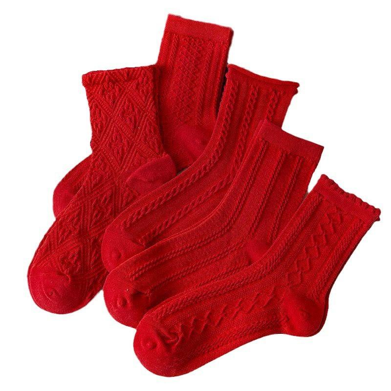 5pcs/lots Red Socks Children's Autumn and Winter Birthday The Year of The Loong New Year Socks New Lace Hidden Pattern Pure Socks Cotton