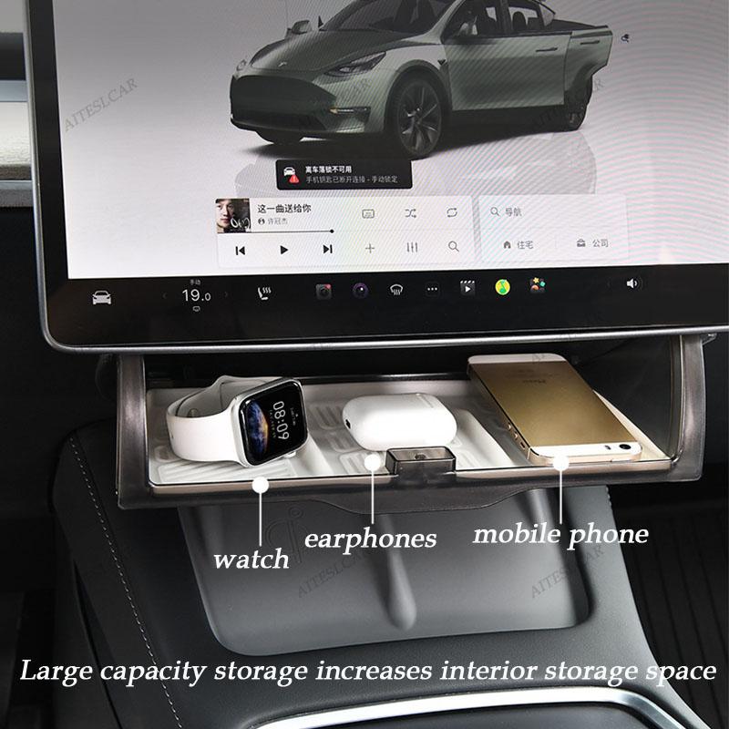 For Tesla Model 3 Y Highland Juniper 2016-2025 Hidden Screen Storage Magnetic Opening And Closing Hidden Large Space Storage Box