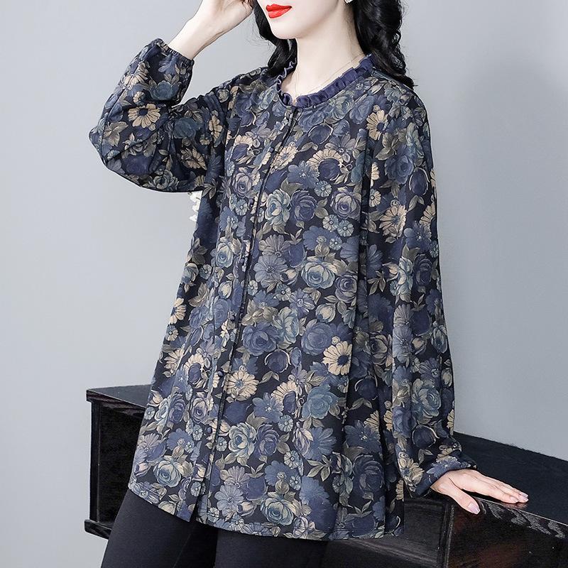

Autumn/Winter Chiffon Draped Luxury Slimming Long-Sleeve Shirt for Plus-Size Middle-Aged Women 6XL (Recommended 200-240 jin)
