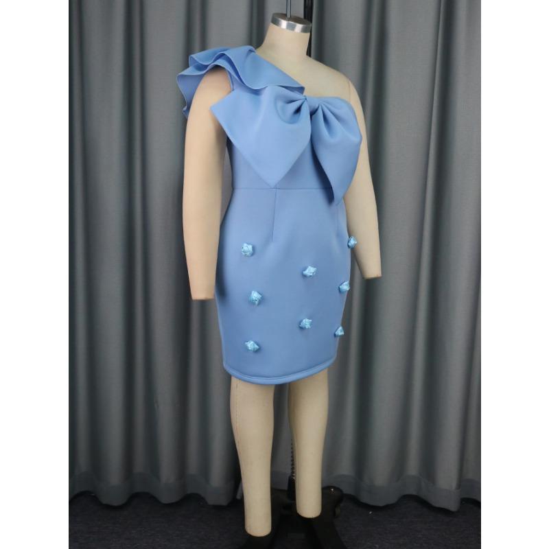 Women Sky Blue Asymmetric Collar Bowknot Bodycon Midi Dress For Party Banquet